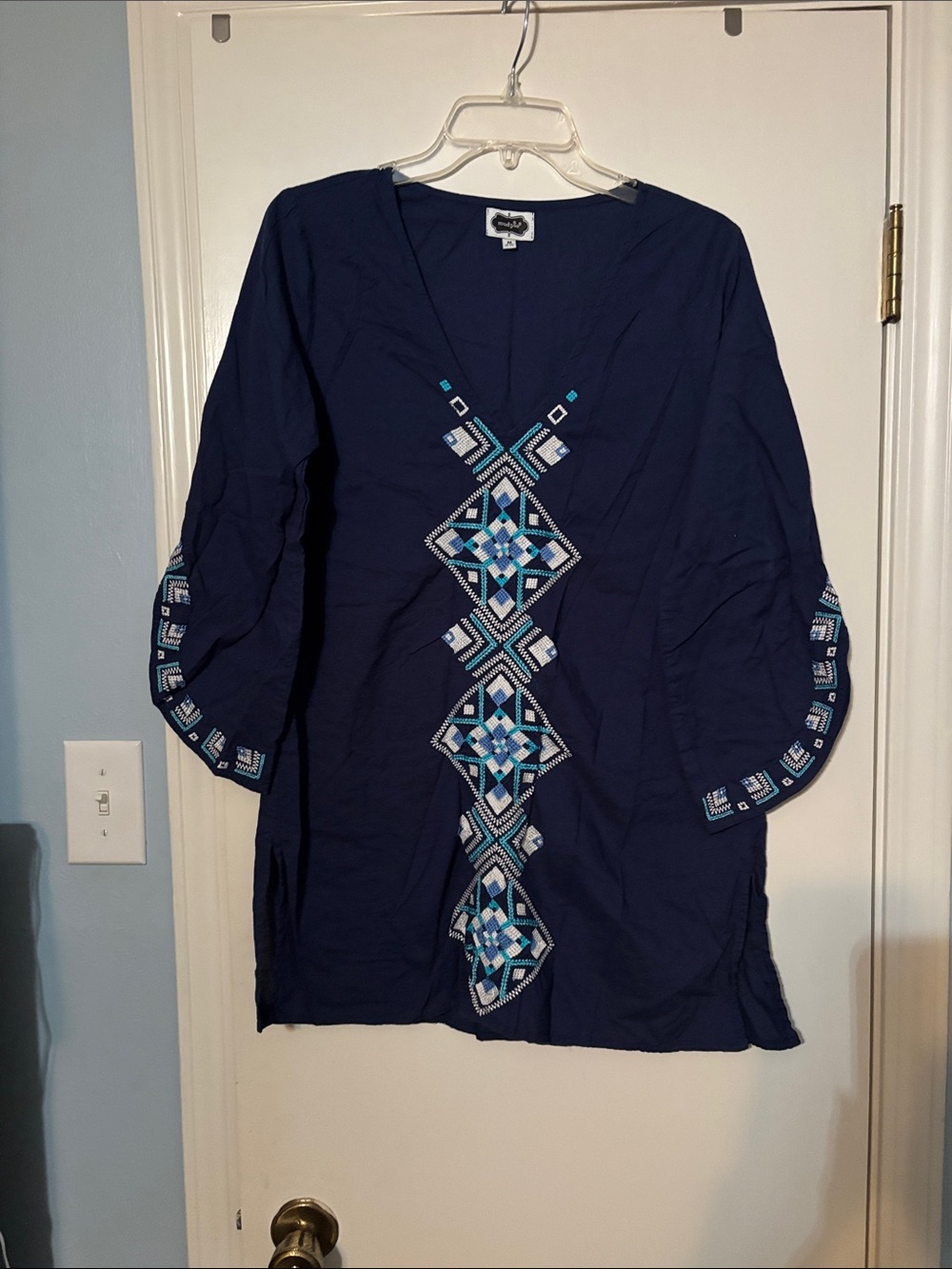 Mud Pie Navy Tunic Dress or bathing suit cover up Blue & White Geometric Embroid